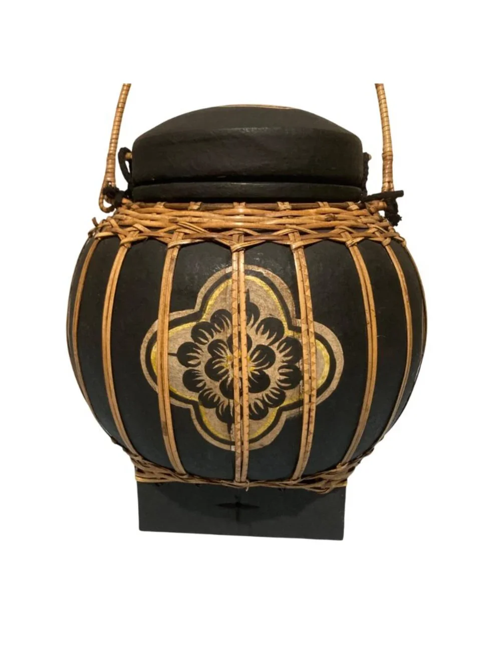 Handcrafted Vintage Thai Rice Basket With Lid And Floral Design